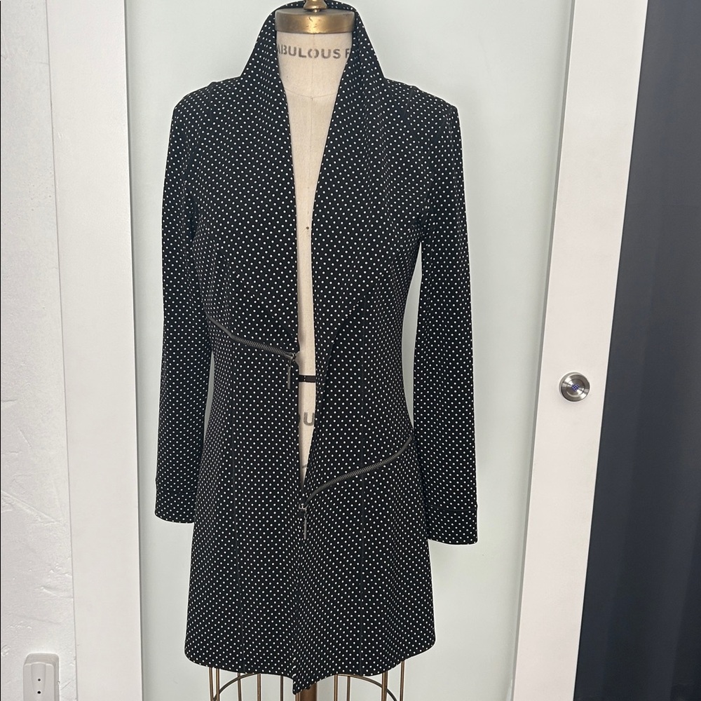 NEW Robert Ellis black white dot open front zipper long jacket asymmetrical L